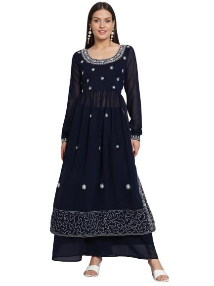 Image of PH POSHAKHUB Women A-Line Nyra Cut Kurta with Sharara in Georgette with Aari Work