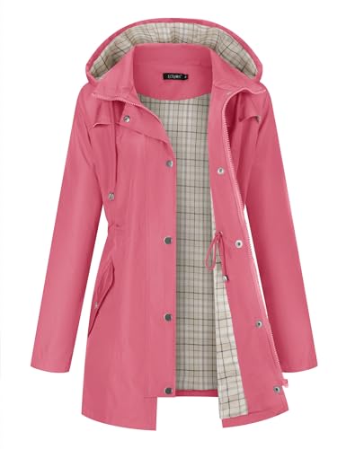 LOMON Women Rain Jacket Lightweight Hooded Jackets Women Lined Trench Coats Waterproof Outdoor Hiking Raincoat Hot Pink M (Cute Plaid Lining)