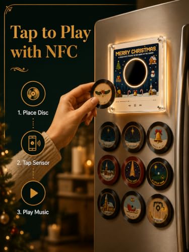 Christmas Mini Vinyl Record Player Music Box, NFC Magnetic Fridge Decor, with 9 Programmable Vinyl Records, Retro LED Turntable Display Gift for Christmas Birthday Lovers Desk Kitchen Decoration - Image 3
