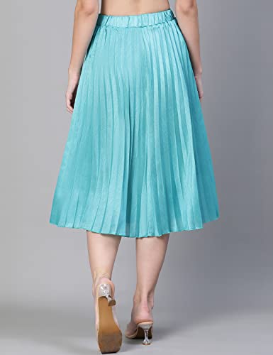 Image of oxolloxo Women Solid Blue Dupion Silk Pleated & Elasticated Skirt