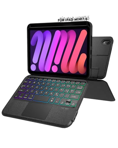 Doohoeek Trennbare Tastatur Hülle für iPad mini 7/6 Bluetooth Kabellose Tastatur für iPad mini 7 2024/6 2021 8 3 Zoll Beleuchtet & Multi Touch Trackpad & Winkel Einstellbar QWERTZ Schwarz