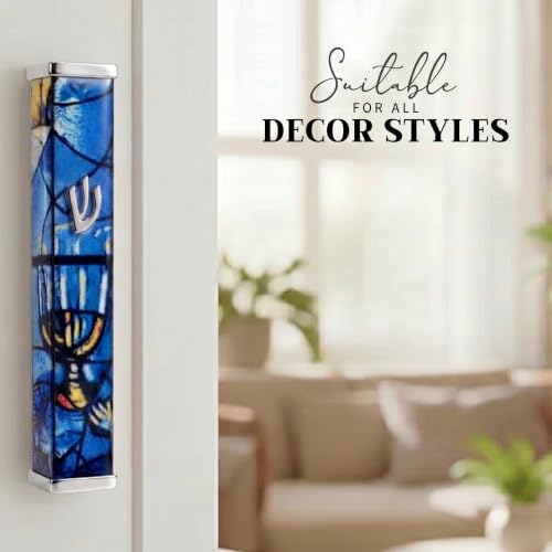 Image of SURI Mezuzah with Scroll for Door | 4 Inch Modern Aluminum Mezuzah Case | Fits 3 Inch Scroll | Gold & Silver Chagall-Inspired Design | Self Adhesive Easy Install | Judaica Jewish Gift