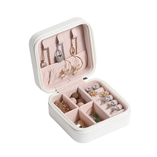 CASEGRACE Travel Jewelry Case, Small Jewelry Box Portable Jewelry Travel Organizer Display Storage Case for Rings Earring Necklace Bracelet, Gift for Women Girls, White