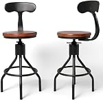 Set of 2 Industrial Bar Stools with Backrest 23-33inch Swivel Wooden Seat Kitchen Island Dining Chair Counter Stool Height Adjustable
