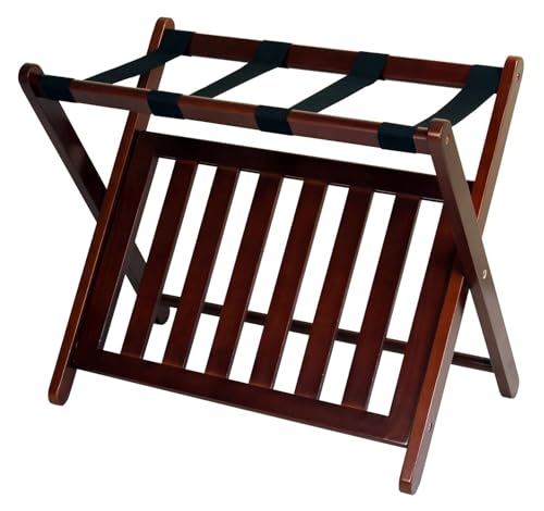 Image of Priti Solid Wood Foldable Luggage Rack with Shelf for Bedroom & Hotel | Heavy Duty Nylon Straps | Space Saving Suitcase Stand | Shoe Storage Bottom Rack | Premium Dark Walnut Finish