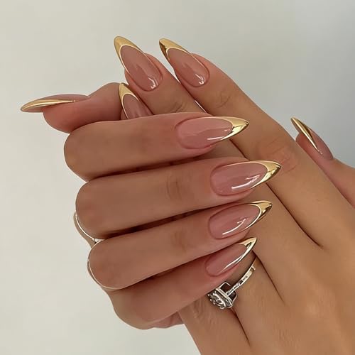 Gold French Tip Press on Nails Medium Almond Fake Nails Golden Metal Chrome Nail Tips Glossy Nature Acrylic Nails Reusable Full Cover Glue on Nails for Women Nail Decoration 24Pcs