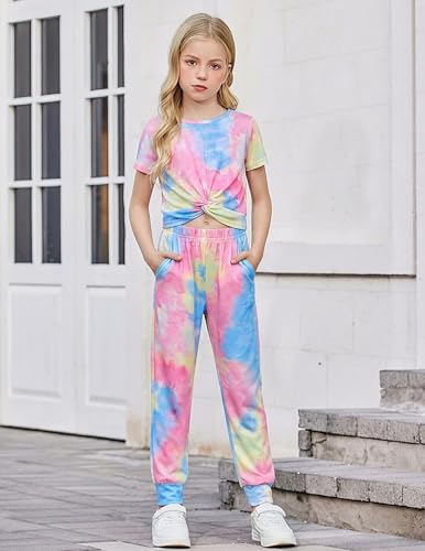 Image of Arshiner Girls Clothing Sets Tie Dye Twist Front Tops & Sweatpants Outfits Sportwear Sweatsuits Tracksuits 4-13 Year