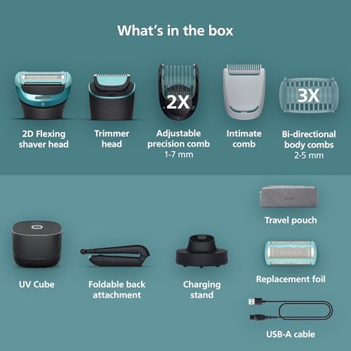 Image of Philips Norelco Body Groomer 9000 Series, Intimate Trimmer for Bi-directional Use & Waterproof Wet Dry Body Shaver System with Foldable Back Attachment & UV Cube Cleaner, BG9485 /50