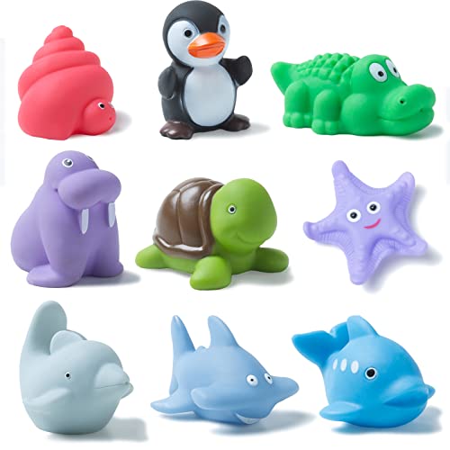 Mold Free Ocean Bath Toys For Toddlers/ Infants 6 - 12- 18 Months, No Hole Baby Bathtub Toys, 1 2 3 4 Years Old Kids (9 Pcs Ocean Animals With Mesh Bag) #TOP5