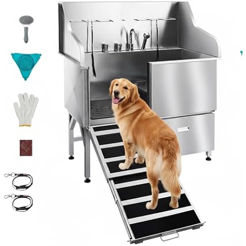 VEVOR Dog Bath Tub, Professional 50 Inch 304 Stainless Steel Dog Washing Station Anti-Slip Ramp & Storage Drawer, Hot Cold Water Faucet and Showerhead for Large Medium Small Dogs (Left Door)