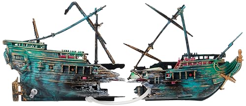Image of Penn-Plax Shipwreck Aquarium Decoration Ornament with Moving Masts, Lifeboat, and Bubble Action