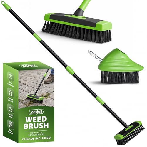 ZENO Weed Brush With Long Handle | Angled Patio Weed Remover Tool With Built In Scraper | Heavy Duty Metal Bristles For Moss And Weeds | Adjustable 75-135CM Handle With 2 Brush Heads