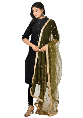 Image of YOUTHQUAKE Women's Net Embroidered Full Size Dupatta With 4 Side Golden Lace