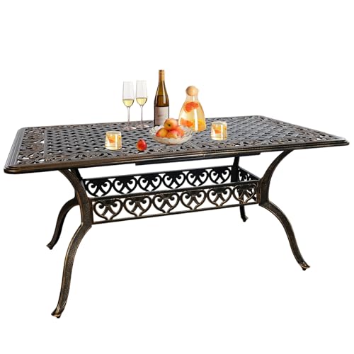 Image of Rectangle Patio Table 59 inch Cast Aluminum Patio Dining Table with 2.56 inch Umbrella Hole, Weather-Resistant Outdoor Dining Table for 6-8 Person, Balcony Garden Table 59 inch x 35.5 inch x 29 inch, Bronze