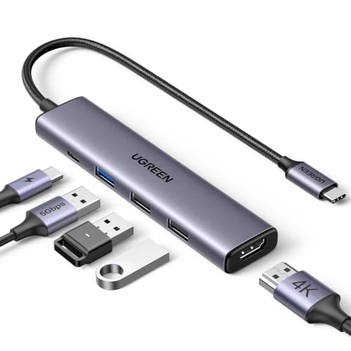 UGREEN USB C Hub Revodok 5-in-1 USB Hub for Laptops 4K HDMI to USB-C Adapter 100W PD 3 USB-A Data Ports Aluminum Compact Multiport Adapter for MacBook Air/Pro HP Dell iPad Galaxy Dex