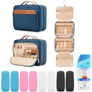 Travel Hanging Toiletry Bag for Women and Men, with 8 Leak Proofing Silicone Bottle Covers, Waterproof Makeup Accessories, Cosmetic Essentials, Toiletries Dopp Kit Set with Jewelry Organizer, Navy