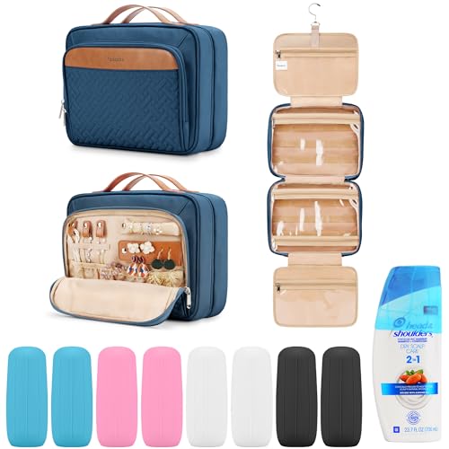 Travel-Hanging-Toiletry-Bag-for-Women-and-Men-with-8-Leak-Proofing-Silicone-Bottle-Covers-Waterproof-Makeup-Accessories-Cosmetic-Essentials-Toiletries-Dopp-Kit-Set-with-Jewelry-Organizer-Navy