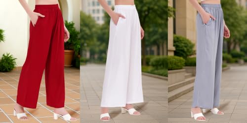 Image of Buy That Trendz Palazzo Pants for Women Rayon Elasticated Regular Fit Flared Wide Leg M to 6XL Pack of 3