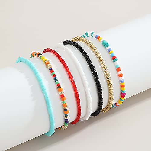 Asphire Bohemian Layered Beaded Bracelet Multi-Colored Bangle Wrist Circlet Set Boho Summer Beach Elastic Anklet Bracelet Festival Accessories Gift For Women Teens Girls, Gold, 6.2 In(Bracelet) #TOP4
