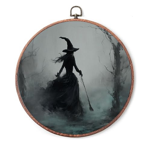 HIWGGSP 10" Witch Dark Vintage Circular Round Wall Decor - Halloween Scene Canvas for Indoor and Outdoor Use - Rustic Style, Perfect for Farmhouse, Home Room Decorations During Halloween （1 set）-A02