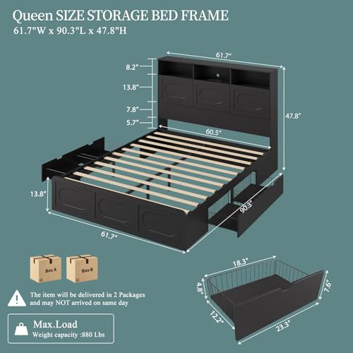 Image of 3 Pieces Bedroom Set, Queen Size Bed Frame with Storage Headboard, 2 Nightstands with Charging Station, Black