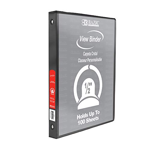 Image of BAZIC 1 /2 inch Black 3-Ring View Binder w / 2-Pockets | round rings, 1 /2 in Black view 3-ring binder, 2 inside pockets, holds up to 100 sheets, Durable poly cover, 2 Pockets