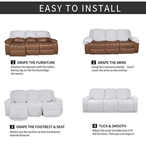 Image of Easy-Going 8 Pieces Microfiber Stretch Sectional Recliner Sofa Slipcover Soft Fitted Fleece 3 Seats Couch Cover Washable Furniture Protector with Elasticity for Kids Pet(Recliner Sofa,Snow White)