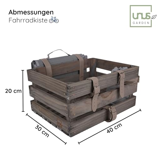 UNUS Fahrradkiste hinten Holz, Fahrradkorb Holzkiste für hinten mit Picknickdecke und Flaschenhalter, Kiste für Fahrrad Gepäckträger in Grau