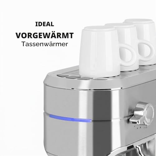 Foto von Klarstein Futura Espressomaschine, Siebträgermaschine mit 1450 Watt, 20 bar, Barista-Qualität, Zweifach Ausguss, Fließstopp, Siebträger Kaffeemaschine, Milchaufschäum-Funktion, silber