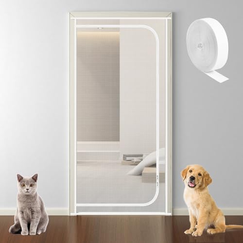 KIKIGOAL Puerta mosquitera para gatos y perros, puerta mosquitera resistente a prueba de mascotas con cremallera, 35.4 x 78.7 pulgadas, evita que los perros y gatos corran para sala de estar,
