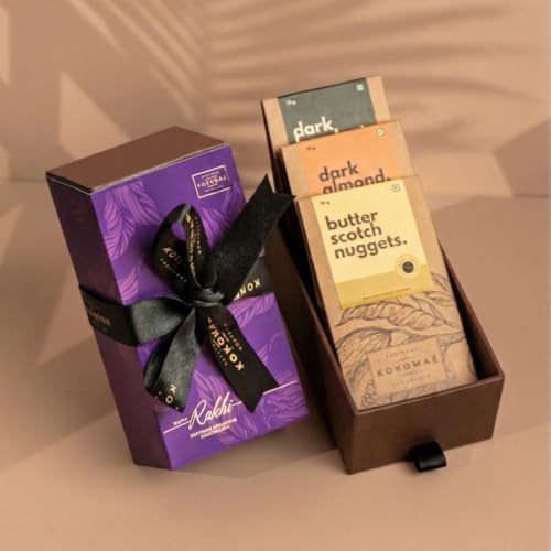 Image of KOKOMAE Raksha Bandhan Chocolate Gift Box | 3 Chocolate Coated Nut Bars - Dark Almond, Dark Hazelnut & Butterscotch Nuggets | Complimentary Rakhi & Greeting Card | Premium Festive Gift
