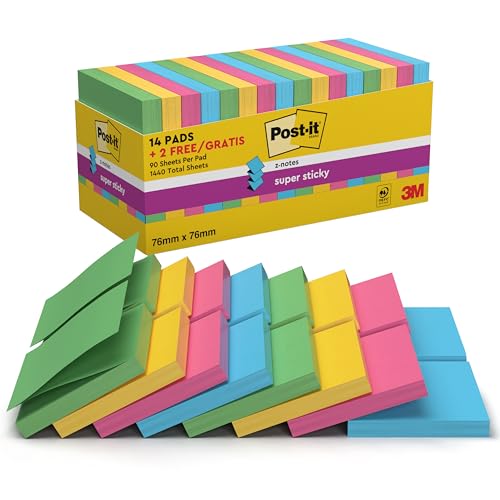Post-it Super Sticky Z-Notes, 1440 Sheets, Value Pack of 14 + 2 Free Pads, 76 mm x 76 mm - Holds Strong to Many Surfaces - Bright Colours - Recycable