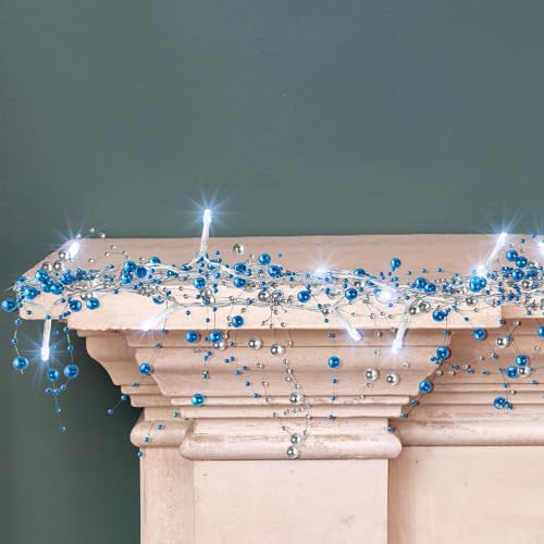 Mudder 10 Feet 30 LED Christmas Light Metal Berry Beaded Garland Indoor Christmas String Lights for Fireplace Mantel Indoor Xma Light Decorations(Blue, Silver)