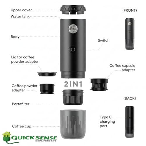 Image of Quick Sense 3-in-1 Portable Coffee Maker (QS-TEM01-A) | 19 Bar Espresso Machine | USB Capsule Coffee Maker | Compact Travel & Home Coffee Brewer | Black