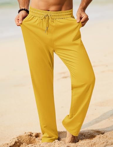Image of iWoo Linen Pants Men Casual 2025 Summer Beach Elastic Drawstring Waist Yoga Pants Travel Baggy Work Pant Pajama