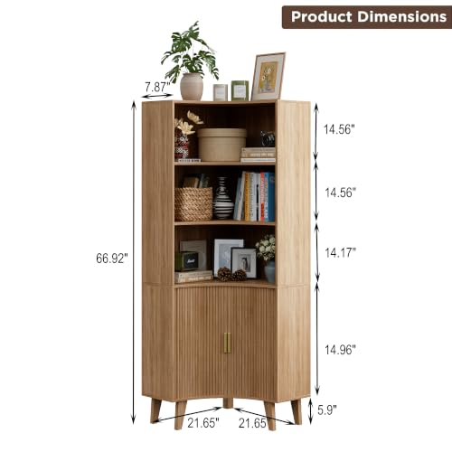 Image of Tall Corner Cabinet with Fluted Doors, 5-Tier Coffee Bar Cabinet with Storage, Narrow Storage Cabinets with Adjustable Shelves, Bathroom Organizers and Storage for Small Space, Natural