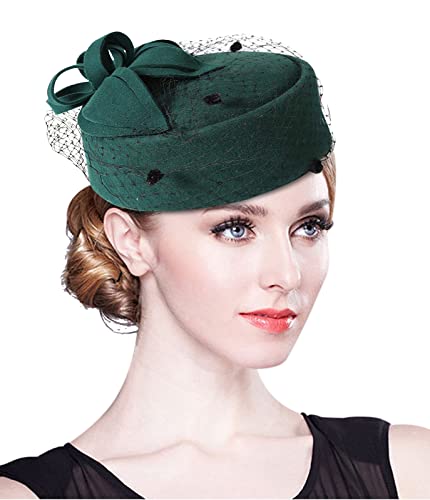 Z&X British Vintage Wool Felt Pillbox Hat Ladies Church Derby Winter Fascinator Hat Veil Flower Fedoras Green #TOP1