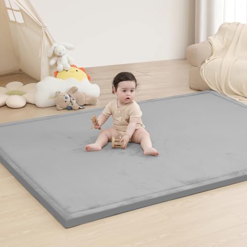 Image of Baby Play Mat for Floor,1.3 inch Thick Memory foam Tummy Time Mat,Water Repellent Soft Velvet Nursery Rug,Extra Large Non Slip for Crawling,Toddlers,Infants,kids,Tatami Style for Living Room(Light Grey)