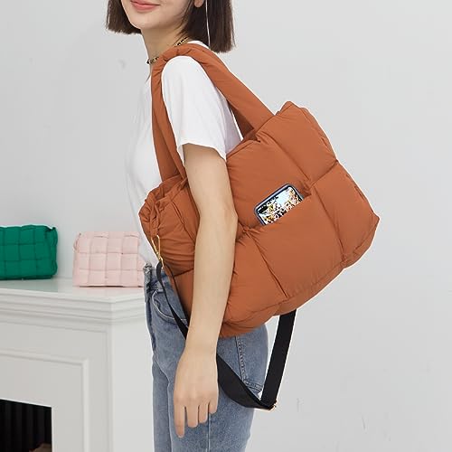 Image of Puffer Tote Bag for Women, Quilted Shoulder handbag for Travel, Work, Gym | nylon lightweight bag, waterproof, cloudy, zipper, compartments, nurse bag, adjustable crossbody strap