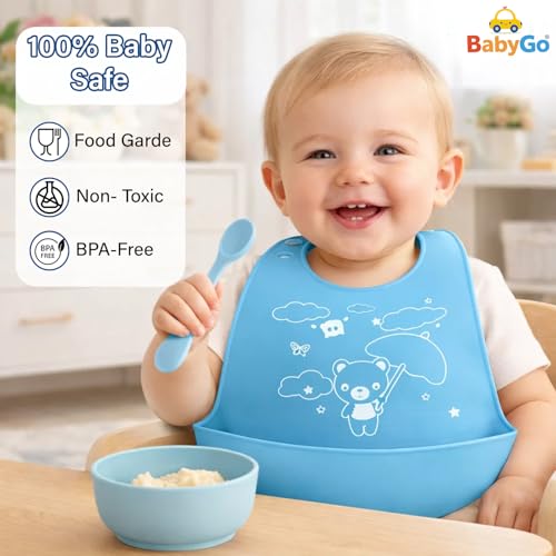 Image of BabyGo Silicone Baby Bib for Feeding & Weaning Infants & Toddlers |Waterproof, Washable & Reusable | Adjustable, Lightweight & Foldable Bib with Food Catcher Pocket |Light Blue (Pack of 1)