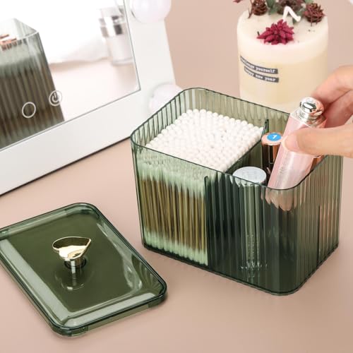 Image of Tbestmax Qtip Holder Dispenser 3-Section Clear Bathroom Organizer Jar 3 Grids Cotton Swab /Pad /Ball Holder Container Cosmetics Storage for Vanity(2 Pack Green)