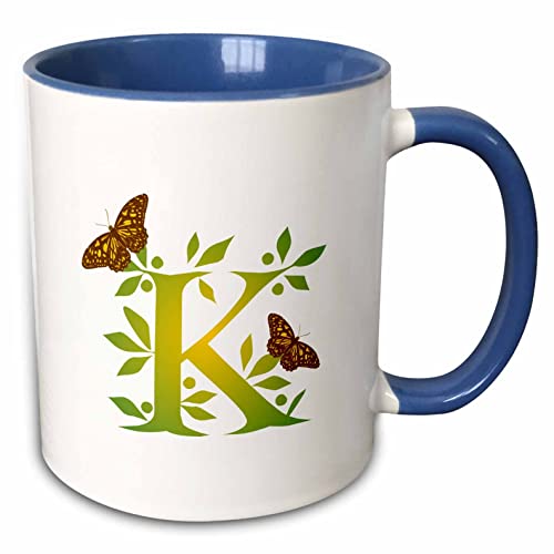 3dRose Monogram in Leafy Green & Yellow Initial K 11oz Two-Tone Blue Mug