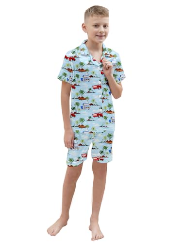 Schbbbta Boys Silk Pajamas Set Button Down Short Sleeve 2 Piece Sleepwear, Hawaii Blue Car, 9-10 Years = Tag 1502