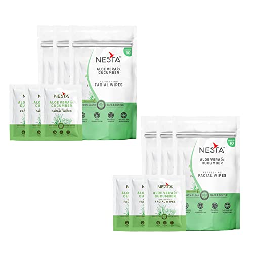 Image of Nesta Refreshing Single Pouch Wet Wipes with Extra Moisturizers - 10-IN-1 Pack, No Artificial Fragrance, Natural Cleansing & Hydrating Face Wipe (Cucumber 60)