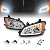 AmeriLite for 2008-2017 Kenworth T660 LED Bar Turn Signal Chrome Replacement Projector Headlights Set High/Low Beam Bulb Included - Passenger and Driver Side
