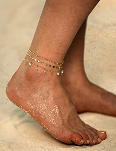 Cross Gold Ankle Bracelets For Women 14K Gold Plated Anklet Gold Crystal Cubic Zirconia Anklet Bead Oval Coin Disc Handmade Chain Dainty Layered Anklet Set 3Pcs #TOP1