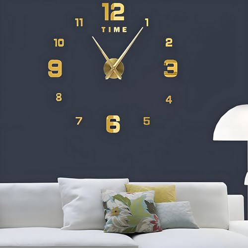 Coraltree Relojes Gigantes de Pared 3D DIY,Etiqueta de La del Reloj Mudo, Fácil de Montar, para el Hogar, Oficina, Decoración de Pared del Hotel (Oro)