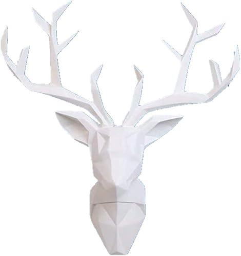 YJ Home Arte de pared con cabeza de ciervo - Escultura geométrica de cabeza de ciervo para decoración del hogar (blanco, XL)