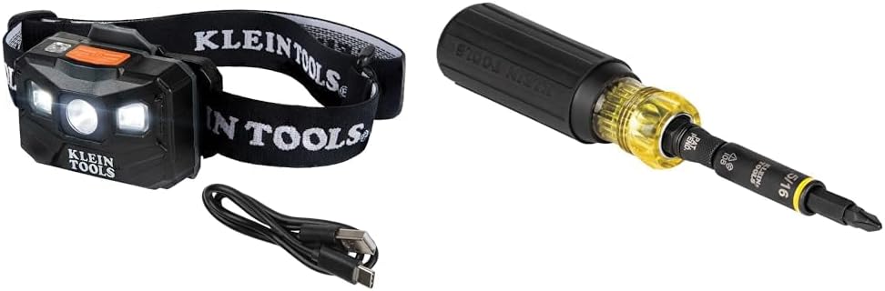 Klein Tools 56048 Rechargeable Auto-Off LED Headlamp & 32500HD Multi-Bit Screwdriver/Nut Driver, Impact Rated 11-in-1 Tool with Phillips, Slotted, Square and Torx Tips