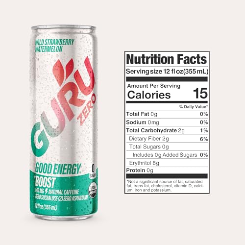 Image of GURU Zero Sugar Energy Drink, Strawberry Watermelon Organic Sparkling Energy Drink with 140 MG Natural Caffeine & Coconut Water for Workouts, Performance & Midday Boost, Gluten Free, Vegan, 12 Fl Oz, 24 Pack